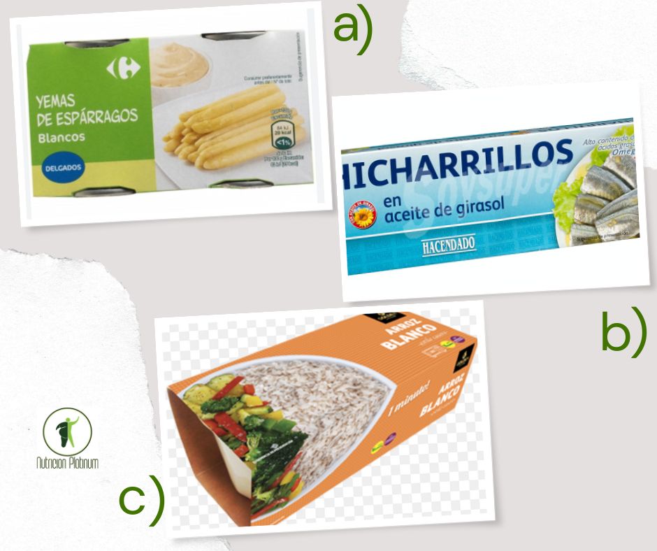 Espárragos blancos con chicharros en lata y arroz blanco.